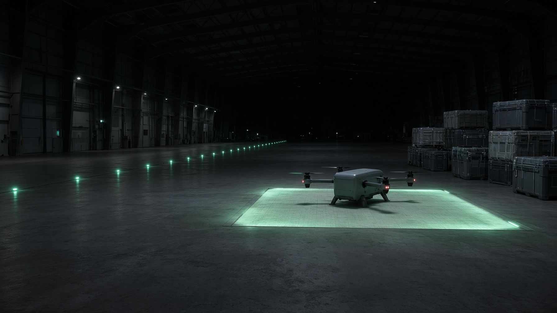 Night hangar pad with mint runway lights and stacked cargo crates