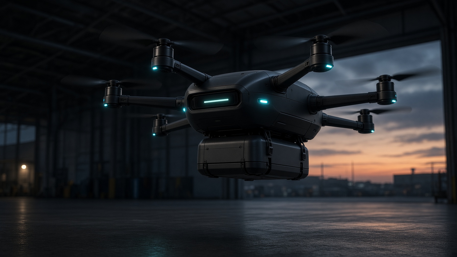 Al, a compact charcoal delivery drone with mint visor lights, hovering over a hangar pad